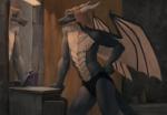 alger_draconian altered_reflection anthro bathroom blonde_hair clothing dragon grey_body grey_skin hair hi_res horn male membrane_(anatomy) membranous_wings mirror mythological_creature mythological_scalie mythology reflection scales scalie scar shrewd1 solo standing tail teeth underwear wings