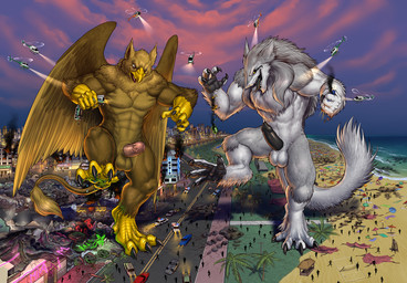abs aircraft anthro balls beach beak black_sclera brown_body building building_destruction city city_background city_crushing city_destruction cityscape claws crush destruction detailed_background duo erection extreme_size_difference feathered_wings feathers feet finger_claws fingers fire footprint fur genitals helicopter landscape_dwarfing macro macro_anthro male miami muscular muscular_anthro muscular_male night nude open_mouth outside pawpads pawprint paws pecs penis rampage sand seaside sharp_teeth size_difference sky smile soles stomping tail teeth toe_claws toes tongue vehicle vehicle_destruction water wings rollwulf mythology carpo kill_(sergal) avian gryphon mythological_avian mythological_creature sergal hi_res