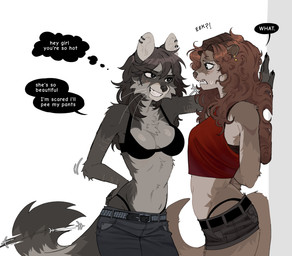 anthro biped blush bottomwear bra braces breasts brown_body brown_fur brown_hair brown_tail claws clenched_teeth clothed clothed_anthro clothed_female clothing countershade_fur countershade_torso countershading curly_hair dialogue duo ear_piercing ear_ring eye_contact female female/female finger_claws fingers front_view fur grey_body grey_eyes grey_fur grey_tail hair kabedon long_hair looking_at_another markings navel panties pants piercing ring_piercing side_view simple_background smile speech_bubble standing striped_markings striped_tail stripes tail tail_markings tail_motion tailwag talking_to_another teeth text thong_straps thought_bubble underwear whiskers white_background white_whiskers raccoattack angel_(raccoattack) racc_(raccoattack) mammal mustelid otter procyonid raccoon 2025 digital_drawing_(artwork) digital_media_(artwork) english_text hi_res