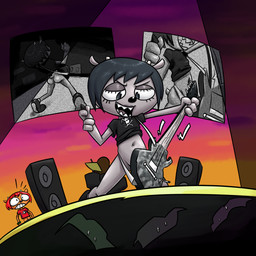 alternative_fashion black_hair bottomless butt clothed clothing convenient_censorship electric_guitar exhibitionism female fur goth grey_body grey_fur guitar hair musical_instrument orange_body orange_fur partial_nudity plucked_string_instrument public public_nudity red_hair string_instrument manwithnobats sr parappa_the_rapper sony_corporation sony_interactive_entertainment um_jammer_lammy lammy_lamb rammy_lamb bovid caprine mammal sheep 1:1 hi_res