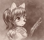 anthro clothing female hair ponytail simple_background solo sweater topwear blasticussaturn canid canine mammal monochrome portrait sepia signature