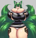 6_tails big_breasts blue_eyes blush bodily_fluids breasts camel_toe cleavage clothed clothing female green_hair hair heterochromia holding_breast huge_breasts huge_thighs hyper hyper_breasts hyper_thighs multi_tail open_mouth panties solo standing sweat sweatdrop tail teeth text thick_thighs underwear wide_hips yellow_eyes mochifoxxo tsutsune_(pyobbo) animal_humanoid canid canid_humanoid canine canine_humanoid fox_humanoid humanoid mammal mammal_humanoid absurd_res hi_res signature