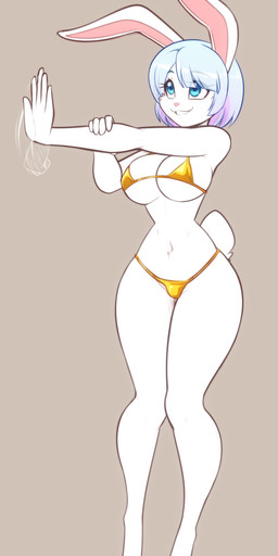 anthro big_breasts bikini blue_eyes breasts clothing eyebrow_through_hair eyebrows eyelashes feet female fur gold_bikini hair hand_on_arm navel smile solo stretching swimwear translucent translucent_hair two-piece_swimsuit white_body white_fur wide_hips scorpdk golden_week lagomorph leporid mammal rabbit 2026 hi_res