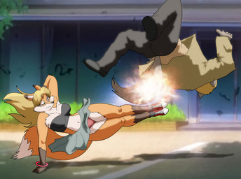 anthro blonde_hair bottomwear bracelet breasts clothing duo eyes_closed female footwear fur hair jewelry kick male multicolored_body multicolored_fur navel panties pants shirt shoes skirt street topwear two_tone_body two_tone_fur underwear xxsparcoxx michelle_(xxsparcoxx) ambiguous_species canid canine fox mammal 2015 digital_media_(artwork)