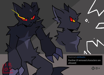 anthro arm_tuft black_body black_fur black_nose cheek_tuft claws crotch_tuft facial_tuft fur grey_background grey_body grey_fur grey_inner_ear head_tuft male red_sclera shoulder_tuft simple_background solo text tuft yellow_eyes ir0sucks kaiju_paradise twitter felid gootraxian mammal panther_gootraxian pantherine 2025 digital_drawing_(artwork) digital_media_(artwork) english_text