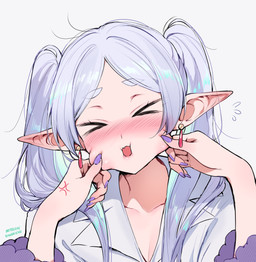 >_< blush blush_lines cheek_pinch clothing colored_nails cross-popping_vein duo ear_piercing emanata eyebrows eyes_closed faceless_character faceless_female faceless_human female female/female female_human female_humanoid first_person_view hair human_pov humanoid_focus humanoid_pointy_ears long_hair nails not_furry open_mouth open_smile piercing pinch pointy_ears purple_nails shirt simple_background smile solo_focus text topwear twintails_(hairstyle) white_background white_clothing white_eyebrows white_hair white_shirt white_topwear qiandaiyiyu frieren_beyond_journey's_end fern_(frieren) frieren elf human humanoid mammal absurd_res digital_drawing_(artwork) digital_media_(artwork) hi_res url