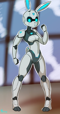 anthro biped blue_eyes female female_anthro front_view machine metal neon solo standing edgarkingmaker android lagomorph leporid mammal rabbit robot hi_res