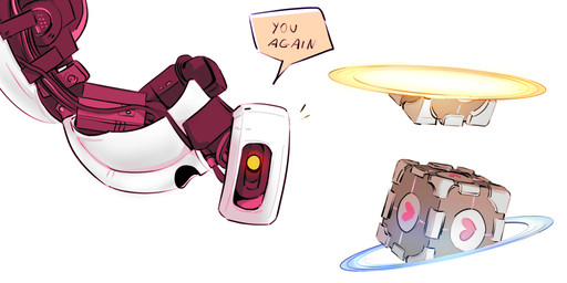 ambiguous_gender black_body computer cube_(object) duo electronics grey_body looking_at_viewer machine not_furry portal simple_background speech_bubble text white_background white_body petitcroc portal_(series) valve glados weighted_companion_cube robot english_text