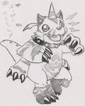 animal_skin anthro belly cat_costume claws clothing collar costume horn male simple_background slightly_chubby solo spiked_collar spikes text tabasukotrr bandai_namco digimon digimon_(species) gabumon human mammal japanese_text sketch traditional_media_(artwork)