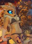 2017 anthro autumn bandai_namco big_eyes black_nose blue_eyes bra breasts canid canine clothing countershading detailed_background digimon digimon_(species) dipstick_ears ear_markings eyelashes female fur hi_res looking_aside macmegagerc mammal markings midriff multicolored_ears navel neck_tuft outside panties renamon side_boob signature solo standing tuft under_boob underwear v-cut white_body white_fur wide_hips yellow_body yellow_fur yin_yang