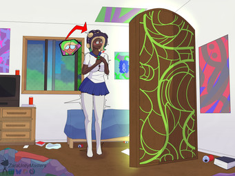 bedroom beverage_can big_breasts blue_bottomwear blue_clothing blue_skirt blush bodily_fluids bottomwear breasts buckteeth button_(fastener) clothing collared_shirt dark_body dark_skin dirty_laundry dress_shirt eyewear female glasses green_eyes inside legwear magic messy_room nerd nervous possession red_arrow red_eyewear red_glasses round_glasses school_uniform shaking shirt shivering skirt solo stockings straining_buttons stretched_clothing sweat teeth topwear uniform white_clothing white_shirt white_topwear window worried zaraunitymasters nintendo splatoon marina_(splatoon) aquatic cephalopod mollusk octarian octoling 4:3 cel_shading hi_res shaded watermark