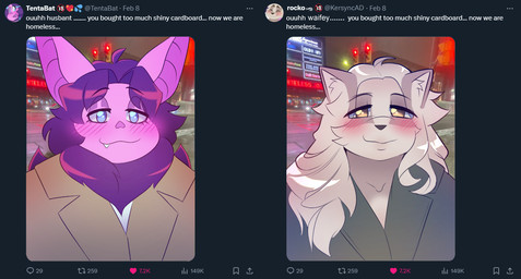 anthro blush clothing coat duo female hair long_hair male text topwear tweet tentabat rocko_(kersync) tenta_(tentabat) badger bat hybrid mammal mustelid musteline 2025 digital_media_(artwork) english_text meme redraw