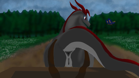 anus butt cart female feral forest genitals multicolored_body outside path plant solo tail tree two_tone_body vulva znow mythology dragon mythological_creature mythological_scalie scalie hi_res