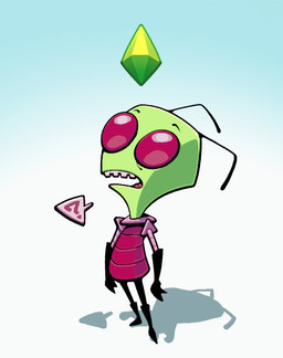 ambiguous_gender antennae_(anatomy) bald clothed clothing gem green_body green_skin irken_teeth irken_uniform not_furry open_mouth plumbob question_mark simple_background solo speech_bubble standing teeth toony discount-supervillain electronic_arts invader_zim maxis_(ea) nickelodeon the_sims zim_(invader_zim) alien alien_humanoid humanoid irken 2026 animated crossover digital_media_(artwork)