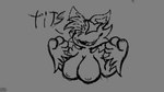 16:9 anthro breasts digital_media_(artwork) felid feline female fur hair hi_res hybrid hyena lunarzeclipse lunaz_(lunarzeclipse) mammal monochrome nipples nude simple_background solo tail text widescreen