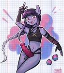 anthro braided_hair cage clothing cosplay costume female gloves gynomorph hair handwear intersex pose solo strapon strapon_over_chastity topwear naet league_of_legends riot_games tencent jinx_(lol) salacious_allusion_(oc) hi_res pinup