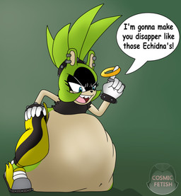 after_vore ambiguous_gender ambiguous_prey anthro black_clothing black_shirt black_topwear blue_eyes bottomwear clothing dialogue digestion female female_pred finger_wag footwear fur gloves gold_ring green_background green_body green_fur hand_on_hip handwear male male_prey narrowed_eyes pants sharp_teeth shirt shoes simple_background sleeveless_shirt solo speech_bubble standing teeth text topwear vore white_clothing white_gloves white_handwear yellow_bottomwear yellow_clothing yellow_footwear yellow_pants yellow_shoes xcosmicfetishx idw_publishing sega sonic_the_hedgehog_(comics) sonic_the_hedgehog_(idw) sonic_the_hedgehog_(series) surge_the_tenrec afrosoricid eulipotyphlan hedgehog mammal tenrec 2023 english_text watermark