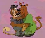 anthro anthro_on_anthro anthrofied black_nose blush brown_body brown_fur clothed clothing cuddling duo eyebrows fur happy hat headgear headwear heart_symbol hoodie love male male/male raised_eyebrows romantic romantic_couple shirt simple_background slightly_chubby smile teeth topwear rhyset hanna-barbera johnny_test_(series) scooby-doo_(series) dukey scooby-doo canid canine canis domestic_dog great_dane mammal mastiff molosser 2019 crossover half-length_portrait portrait signature