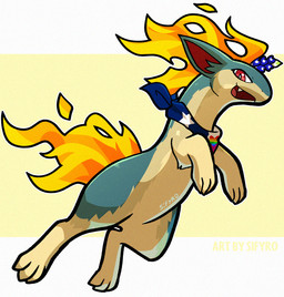 ambiguous_gender blue_bonnet fire flower fur green_body green_fur heart_symbol jumping kerchief plant rainbow red_eyes scarf simple_background solo texas yellow_body yellow_fur blitzdrachin conditional_dnp nintendo pokemon generation_2_pokemon mammal mustelid pokemon_(species) quilava digital_drawing_(artwork) digital_media_(artwork)