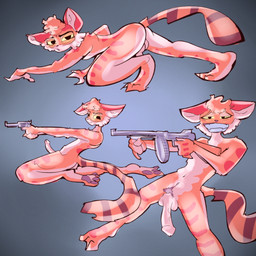 anthro feet fur genitals glowing glowing_eyes gun half-closed_eyes male narrowed_eyes orange_body orange_fur pawpads penis ranged_weapon solo toes weapon unsuscaterpillar lackadaisy calvin_mcmurray domestic_cat felid feline felis mammal 1:1 absurd_res hi_res