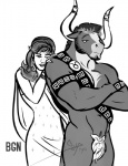 abs anthro clothed clothing duo empty_eyes facial_hair female fig_leaf hair horn leaf leaf_clothing long_hair male manly muscular muscular_male navel simple_background smile white_background bgn western_zodiac taurus_(bgn) taurus_(zodiac) bovid bovine cattle felid human mammal 2015 digital_drawing_(artwork) digital_media_(artwork) monochrome signature