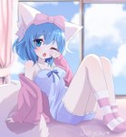 anthro blue_eyes blue_hair clothing cloud female footwear fur hair hi_res hybrid legwear pattern_clothing pattern_footwear pattern_legwear pattern_socks socks solo striped_clothing striped_footwear striped_socks stripes white_body white_fur wolfychu wolfychu_(artist)