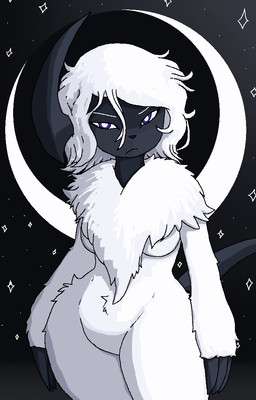 1_horn anthro black_body black_horn black_nose black_skin breasts crescent_moon eyebrows female fur horn looking_at_viewer moon neck_tuft pupils purple_eyes solo standing star thick_thighs tuft white_body white_eyebrows white_fur white_pupils wide_hips commonbleat nintendo pokemon absol generation_3_pokemon pokemon_(species)