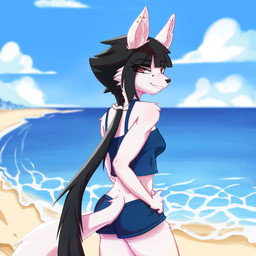 anthro beach bodily_fluids bottomwear clothing cloud detailed_background ear_piercing facial_markings female fur hair hands_on_hips head_markings long_hair looking_at_viewer looking_back looking_back_at_viewer markings piercing rear_view red_eyes shorts sky smile smiling_at_viewer solo sweat sweatdrop three-quarter_view white_body white_fur shadycrafts arctic_fox canid canine fox mammal true_fox 1:1 absurd_res hi_res