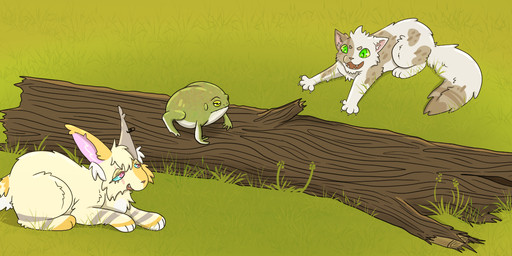 ambiguous_gender blue_eyes claws crouching duo female feral fur grass green_body green_eyes head_tuft hytbrid inner_ear_fluff log logo lying_on_ground male markings on_ground open_mouth outside pink_eyes plant short_tail soda_tab spots spotted_body spotted_fur striped_body striped_markings stripes tail text tuft wood yellow_body yellow_eyes yellow_fur whitefroggim pixel_cat's_end amphibian domestic_cat felid feline felis frog lynx mammal artist_logo artist_name