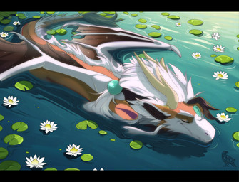 ambiguous_gender feral flower horn plant scales sleeping tail water waterplant wings omez mythology dragon mythological_creature mythological_scalie scalie