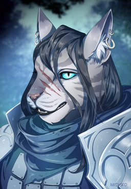 anthro armor ear_piercing ear_ring elder female knight piercing ring_piercing scroll solo warrior michikochan microsoft the_elder_scrolls domestic_cat felid feline felis khajiit mammal digital_media_(artwork) portrait shaded
