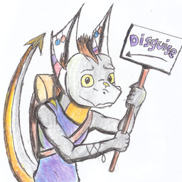 ambiguous_gender anthro backpack brown_hair clothed clothing disguise grey_body grey_scales hair horn looking_at_viewer multicolored_body multicolored_scales orange_body orange_scales scales sign simple_background smile solo tail text two_tone_body two_tone_scales white_background yellow_eyes taphen mythology tohgjen_(character) dragon mythological_creature mythological_scalie scalie 2015 english_text traditional_media_(artwork)