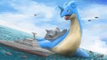 aircraft airplane ambiguous_gender battleship blue_body blue_skin boat cloud countershading detailed_background feral group jet looking_down macro military open_mouth sea shell ship tan_body tan_skin vehicle warship water watercraft tyranteon nintendo pokemon generation_1_pokemon human lapras mammal pokemon_(species) 2020