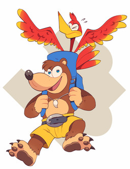 3_toes anthro backpack barefoot beak blue_eyes bodily_fluids bottomwear brown_pawpads claws clothed clothing duo eyelashes eyes_closed feathers feet female feral flying fur happy jewelry looking_at_viewer male necklace open_mouth pawpads paws shorts smile soles sweat toe_claws toes tongue topless wings boarsboarsboars banjo-kazooie rareware banjo_(banjo-kazooie) kazooie avian bird breegull