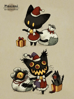 1_eye 3_eyes ambiguous_gender anthro black_body black_fur black_tail christmas_clothing christmas_headwear clothed clothing dress eyeless fur group hat headgear headwear holidays looking_at_viewer monotone_body monotone_fur multi_eye open_mouth red_clothing red_dress red_eyes santa_dress santa_hat sharp_teeth tail teeth trio white_clothing white_dress yellow_sclera maniani0122 christmas domestic_cat felid feline felis mammal 2025 hi_res