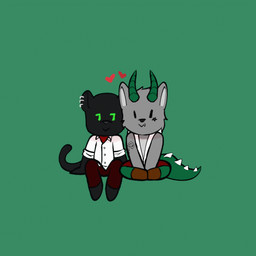 2_horns anthro arm_tattoo blush bottomwear brown_clothing brown_footwear brown_shoes cheek_to_cheek chibi closed_smile clothed clothed_anthro clothed_male clothing duo ear_piercing ear_ring eye_markings eyes_closed footwear fully_clothed fully_clothed_anthro fully_clothed_male fur fur_and_scales green_background green_body green_eyes green_horn green_scales grey_body grey_fur grey_inner_ear head_horn heart_symbol horn male markings melanistic mouth_closed overbite pants piercing red_bottomwear red_clothing red_pants ring_piercing rubbing_cheek scales shoes simple_background simple_eyes sitting smile star_(marking) tail tail_ridge tattoo topwear white_clothing white_dress_shirt white_topwear avidavinki hasujin_ryuutoku_(character) tsukiyo_(hasujin_ryuutoku) canid canine canis chimera felid jaguar mammal pantherine scalie wolf 1:1 2023 2d_animation animated digital_drawing_(artwork) digital_media_(artwork) frame_by_frame loop