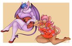 anthro asian_clothing bar big_breasts breast_size_difference breasts chinese_clothing chinese_dress cleavage clothed clothing crossed_legs dress duo east_asian_clothing eyewear female glasses huge_breasts purple_body simple_background sitting catsmeow bat mammal rodent hi_res