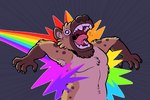 alternate_rainbow_pride_colors anthro armpit_hair bodily_fluids body_hair claws ear_piercing emanata fur grey_background humor lgbt_pride light light_beam male nude open_mouth piercing pride_colors rainbow rainbow_pride_colors saliva screaming simple_background solo surprised_expression teeth tongue tongue_out tuft wide_eyed themongrel crazy-go-lucky_(character) hyena mammal spotted_hyena 2023