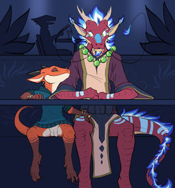 anthro antlers barbel_(anatomy) bedroom_eyes blue_body blue_fur bottomless bottomless_anthro bottomless_female bracelet brown_body brown_scales claws clothed clothing countershade_torso countershading digitigrade duo_focus fangs female finger_claws flesh_whiskers fur genitals gloves_(marking) green_clothing green_eyes green_hoodie green_topwear group hand_on_leg hand_on_thigh hoodie horn jewelry larger_male leg_markings looking_at_another male male/female markings narrowed_eyes orange_body orange_scales red_body red_scales ring_(jewelry) scales seductive sitting size_difference smaller_female smile snout socks_(marking) spread_legs spreading surprised tail tapering_tail teeth thick_tail toe_claws topwear vulva yellow_eyes flamespitter mythology citrus_(flamespitter) dragon eastern_dragon kobold mythological_creature mythological_scalie scalie 2025 hi_res