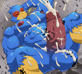 anthro balls big_balls big_penis blue_body bodily_fluids clenched_teeth cum cum_on_arm cum_on_balls cum_on_belly cum_on_body cum_on_ceiling cum_on_chest cum_on_leg cum_on_penis damaged_ceiling destruction excessive_cum excessive_genital_fluids eyes_closed genital_fluids genitals group growth humanoid_genitalia humanoid_penis inside licking macro male muscle_growth muscular muscular_male nipple_fetish nipple_play orgasm penile penis room_filling size_difference teeth thick_penis tongue maldu nintendo star_fox falco_lombardi avian bird canid canine mammal absurd_res hi_res