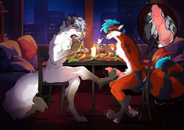 animal_genitalia animal_penis anthro blue_body blue_fur blue_hair blush canine_genitalia canine_penis dinner duo erection feet foot_fetish foot_play footjob fur genitals hair knot knotted_penis male male/male multicolored_body multicolored_fur nude penile penis red_body red_fur sex sitting under_table_footjob white_body white_fur hijen avocado_mildvey eric_myval arctic_fox canid canine fox mammal procyonid raccoon true_fox hi_res