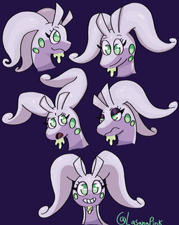 annoyed female green_eyes happy looking_at_viewer multicolored_body purple_body reactions slime smile lasanapink nintendo pokemon generation_6_pokemon goodra pokemon_(species) hi_res