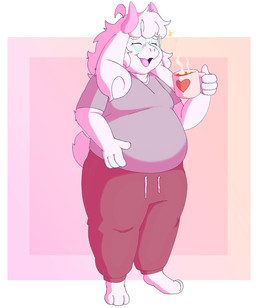 3_toes 4_fingers anthro barefoot belly beverage black_bottomwear black_clothing black_eyebrows black_pants black_sweatpants bottomwear clothing coffee coffee_mug eyebrows eyelashes eyes_closed eyewear feet femboy fingers floppy_ears glasses green_eyewear green_glasses grey_clothing grey_shirt grey_topwear hair holding_coffee_mug horn male moobs open_mouth open_smile overweight overweight_anthro overweight_male pants pink_background pink_horn round_glasses scut_tail shirt short_tail simple_background smile snout solo sparkles steam sweatpants tail toes topwear white_hair rekteon deltarune undertale_(series) ralsei bovid caprine darkner mammal 2026 hi_res portrait