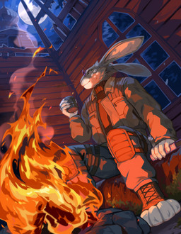 anthro beverage big_ears campfire clothed clothing eyewear fur glasses green_eyes grey_body grey_fur holding_beverage holding_object male moon mouth_closed night round_glasses sitting solo tinted_glasses white_body white_fur corzh77 vc_wolffe_(vc_wolffe) lagomorph leporid mammal rabbit hi_res