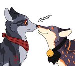 ambiguous_gender bell black_bow black_nose black_text boop duo ears_back eyes_closed feral fur grey_body grey_fur grey_inner_ear kerchief markings neck_bow neckerchief nose_boop orange_eyes orange_markings orange_nose orange_spots pattern_kerchief pattern_neckerchief pivoted_ears plaid_kerchief plaid_neckerchief purple_body purple_fur red_kerchief red_neckerchief simple_background smile snout spots spotted_body spotted_fur striped_body striped_fur stripes surprise text touching_noses white_background white_body white_fur sebdoggo ethan-allen_(sebdoggo) julian_(sebdoggo) canid canine fox mammal 2014 aliasing digital_drawing_(artwork) digital_media_(artwork) flat_colors handwritten_text low_res microsoft_paint_(artwork) male_(lore)