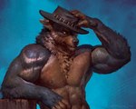 abs anthro biceps black_lips black_nose blue_background brown_body brown_fur clothing countershading ear_piercing ear_ring fur gauged_ear glistening glistening_nose hand_on_head hat hat_only headgear headgear_only headwear headwear_only leaning_on_fence lips looking_at_viewer male mostly_nude muscular muscular_anthro muscular_male neck_tuft nipple_piercing nipples nude pecs piercing ring_piercing simple_background solo standing tuft whiskers yellow_eyes taran_fiddler reed_(growlshift) canid canine canis mammal wolf 2021 5:4 hi_res