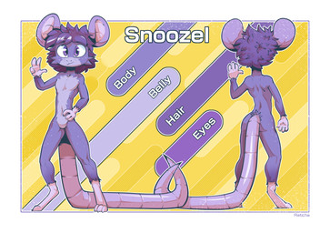 anthro border countershade_face countershade_torso countershading facial_tuft featureless_chest featureless_crotch feet front_view fur gesture hair hand_gesture male pink_body pink_skin purple_body purple_fur purple_hair rear_view solo tail text tuft v_sign white_border ratcha snooze_(snooze) mammal mouse murid murine rodent english_text hi_res model_sheet