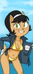 accessory anthro bikini clothed clothing female fur gold_bikini green_eyes grin hair_accessory hairband jacket open_clothing open_jacket open_topwear smile solo swimwear tan_body tan_fur topwear two-piece_swimsuit dbaru nickelodeon t.u.f.f._puppy kitty_katswell domestic_cat felid feline felis mammal 2025