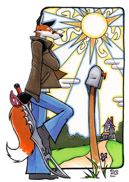 anthro bottomwear building clothed clothing detailed_background dipstick_tail eyewear foreshortening fully_clothed holding_melee_weapon holding_object holding_sword holding_weapon house mailbox male markings melee_weapon pants solo sun sunglasses sword tail tail_markings weapon chris_goodwin zork canid canine fox mammal 2001 marker_(artwork) mixed_media pen_(artwork) traditional_media_(artwork)