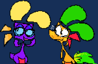 anthro blush bodily_fluids duo eyewear female freckles glasses male mischievous orange_body purple_body smile sweat teeth roksim bernabyl carrot_tail jumpo poko_(species) veggiefolk animated